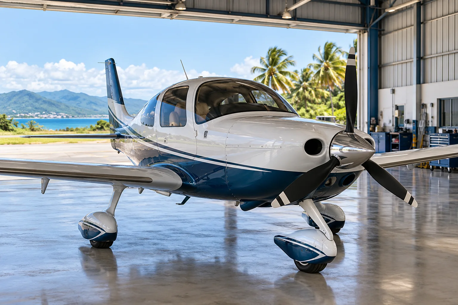 Avión ligero dentro de un hangar.