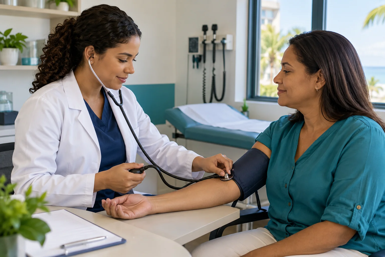 Profesional de salud midiendo la presión arterial de una paciente.