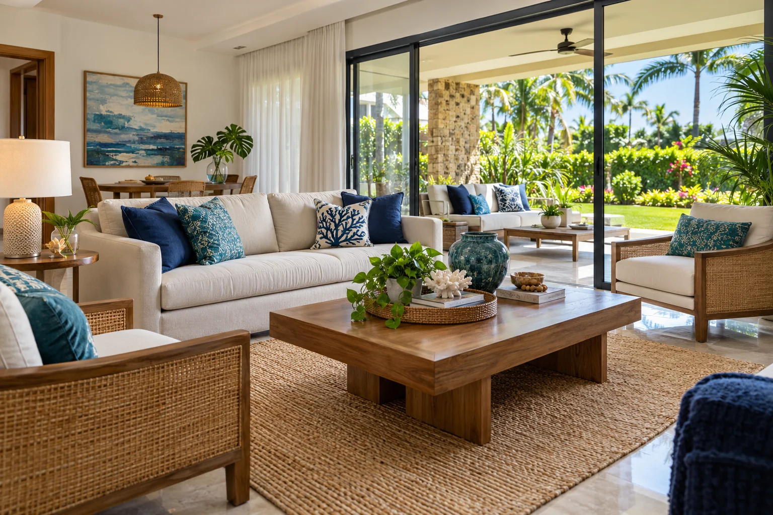 Interior de una vivienda con vista al jardín.