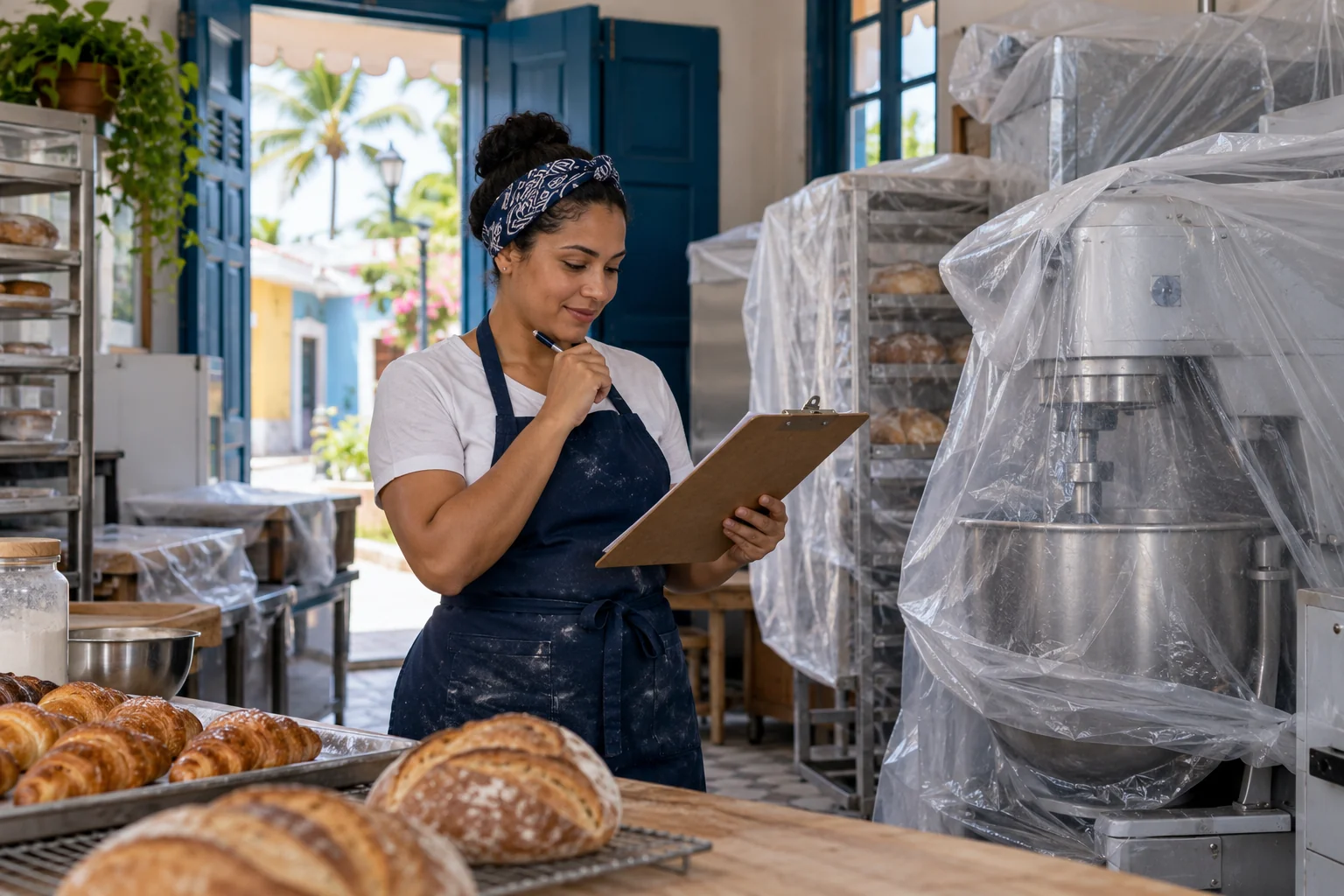 Propietario de panadería revisando su operación.