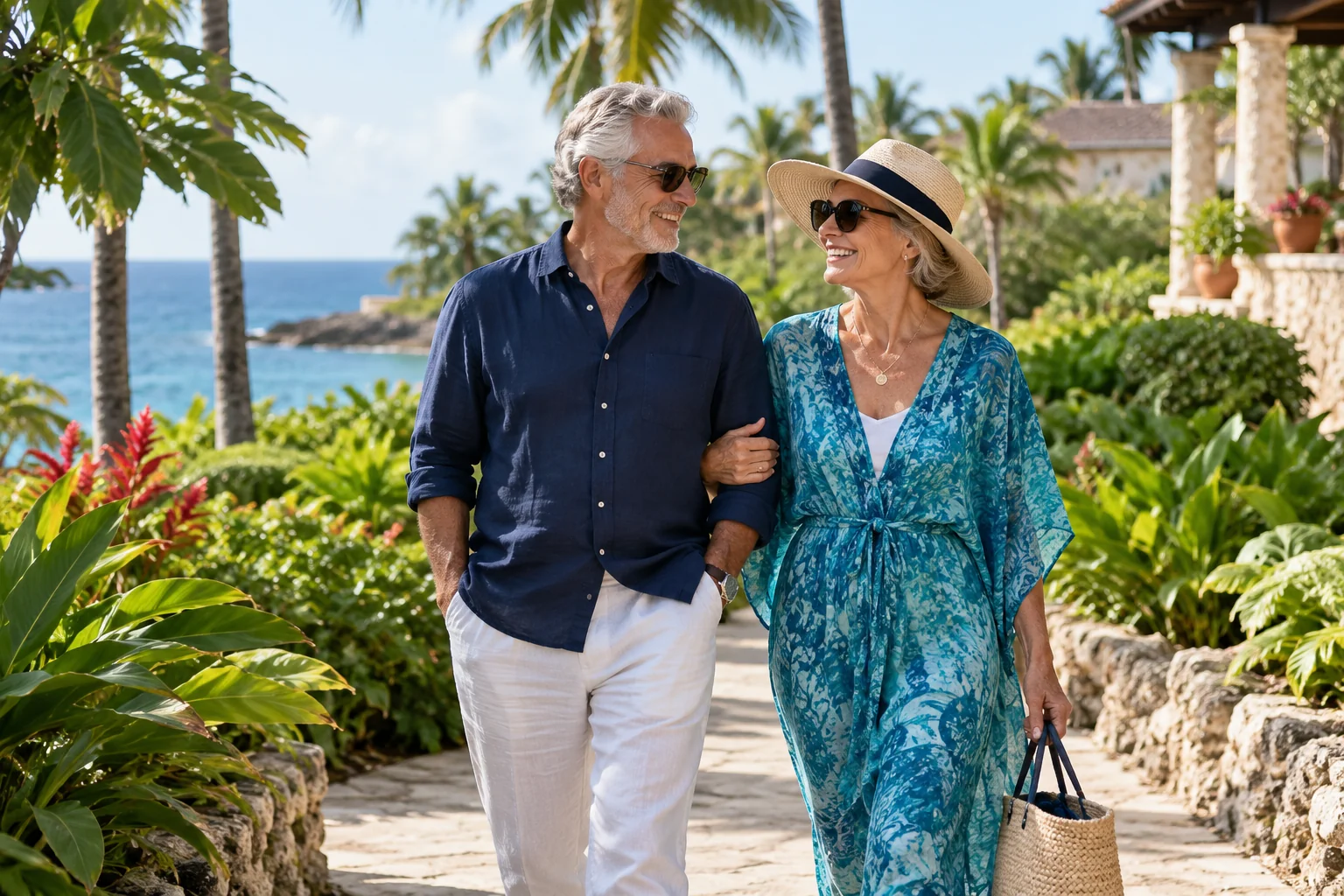 Pareja mayor paseando por un jardín tropical.
