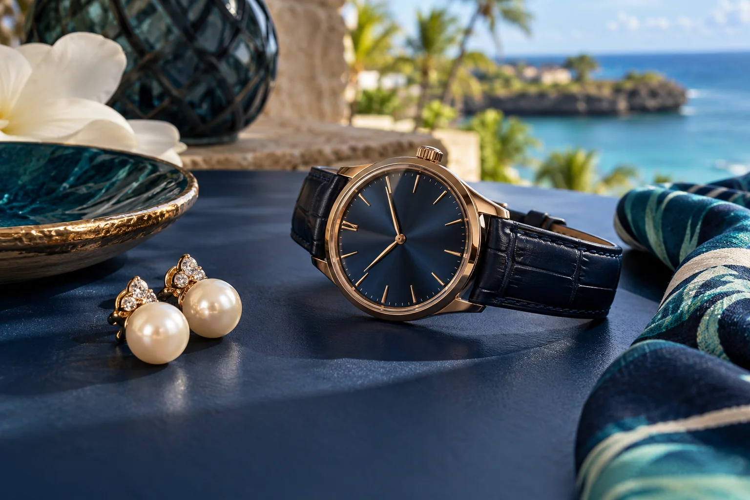 Reloj y joyas sobre una superficie azul.